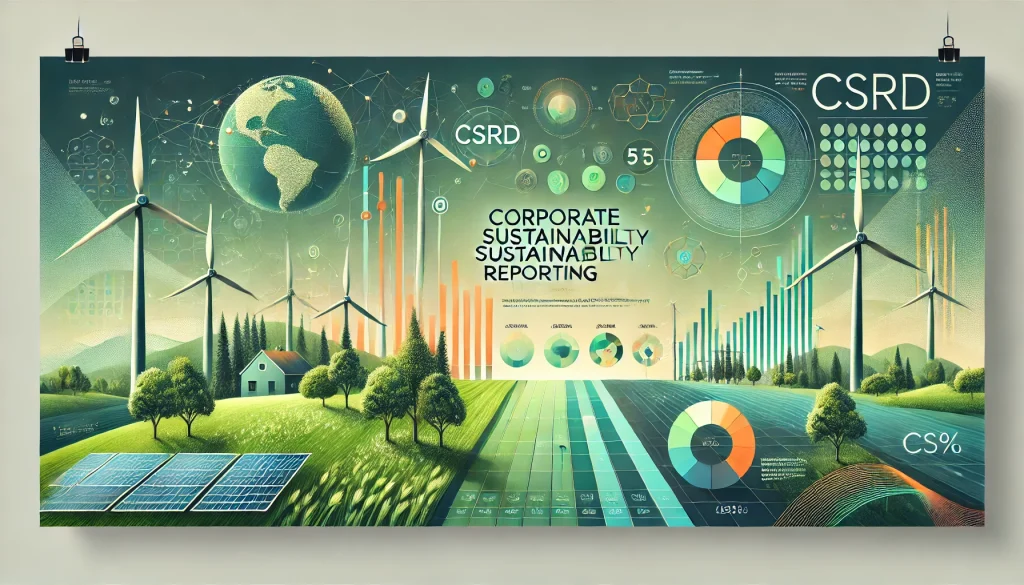 Veranschaulichung der Nachhaltigkeit und CSRD, der Unternehmensnachhaltigkeit, Berichterstattung und Richtlinen als farbige Grafik.